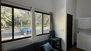 A room with a large window, a sofa, a chair, and a washing machine.