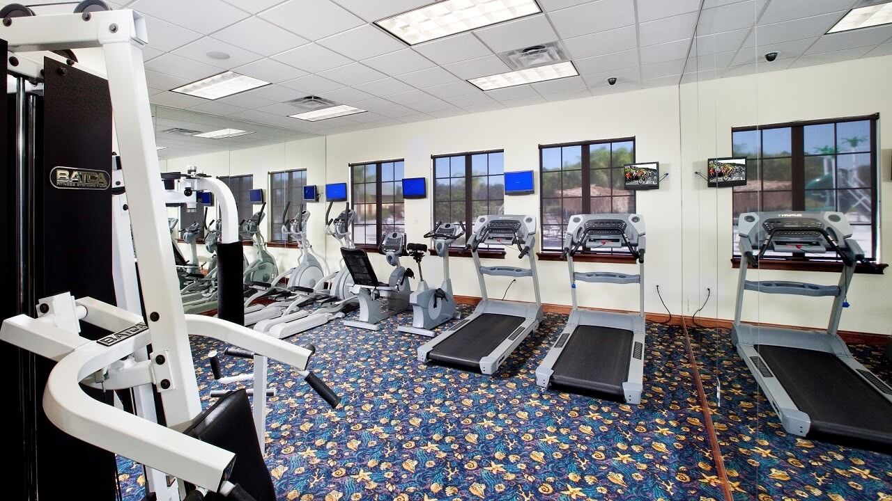 A gym with treadmills, elliptical machines, and weight equipment.