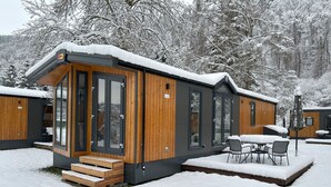 A modern cabin with a wooden exterior and large windows, surrounded by snow-covered trees.
