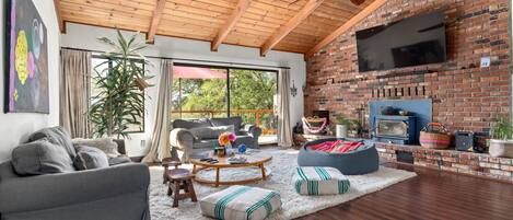 Smart TV, fireplace, ping pong, books