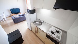 A compact kitchen with a stove, sink, and a small refrigerator. - LAVISH (Kamifurano)