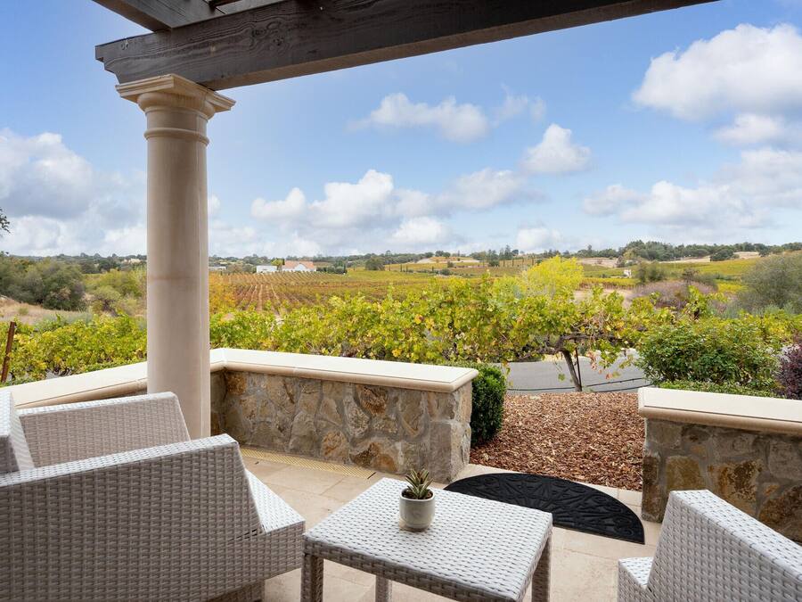 Un patio con mobiliario de mimbre y vistas a viñedos.