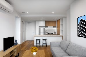 En 65-tommers Flatskjerm-TV med digitale kanaler samt Netflix og Hulu