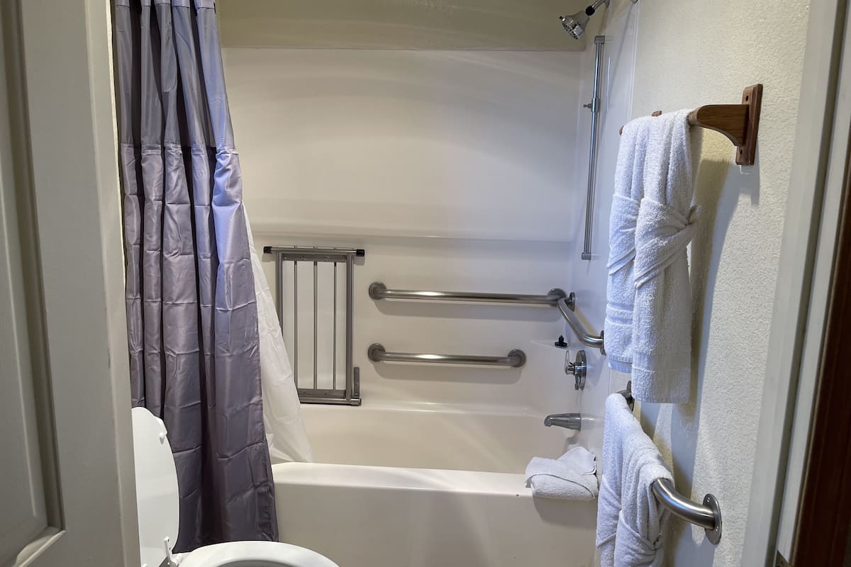 Une salle de bain équipée d’une baignoire, de toilettes, d’un rideau de douche et d’un porte-serviettes.