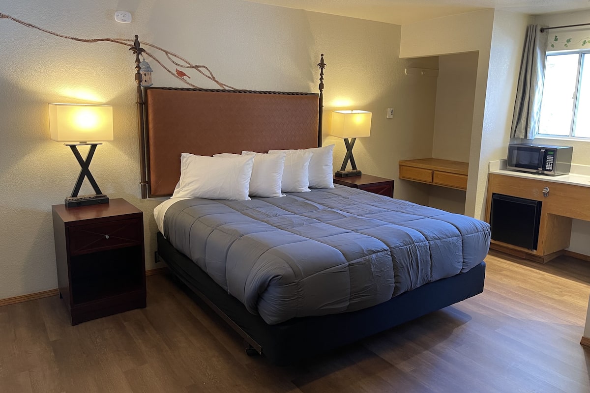 Une chambre à coucher bien rangée, avec un grand lit, deux tables de chevet avec des lampes, une commode et un four à micro-ondes posé sur un plan de travail.