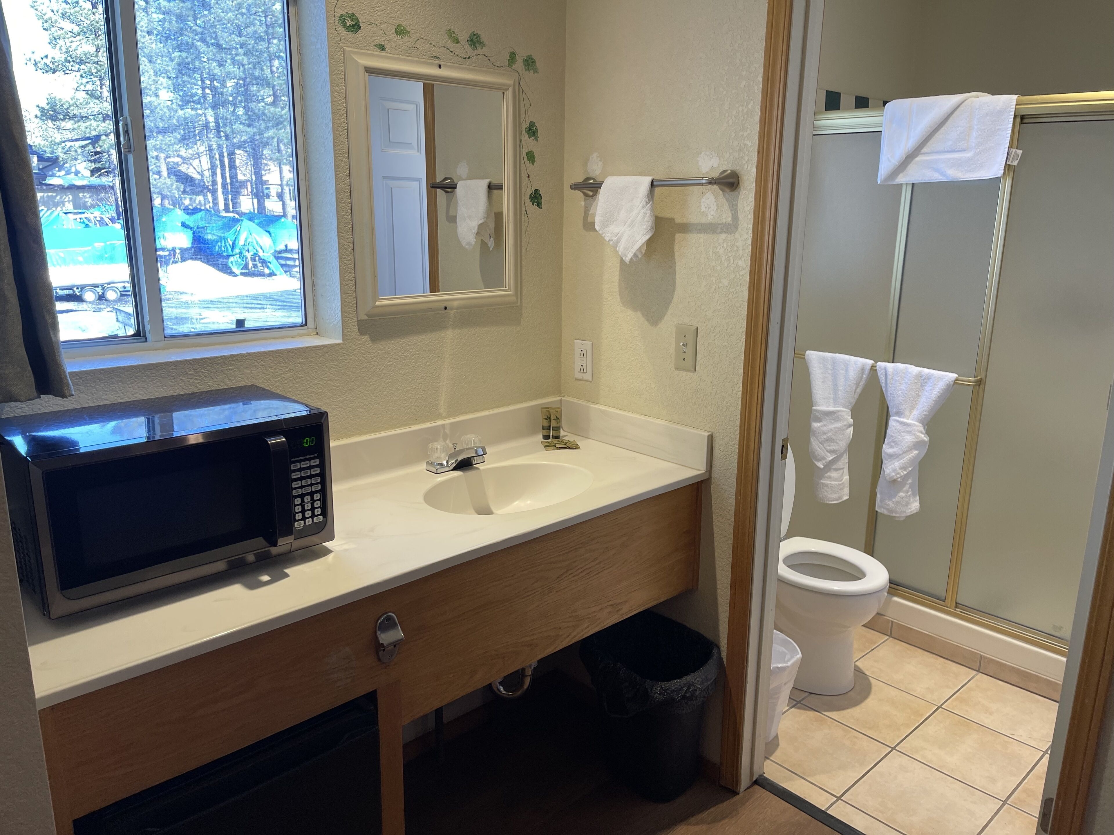 A bathroom with a white sink, a mirror, a toilet, and a shower area.