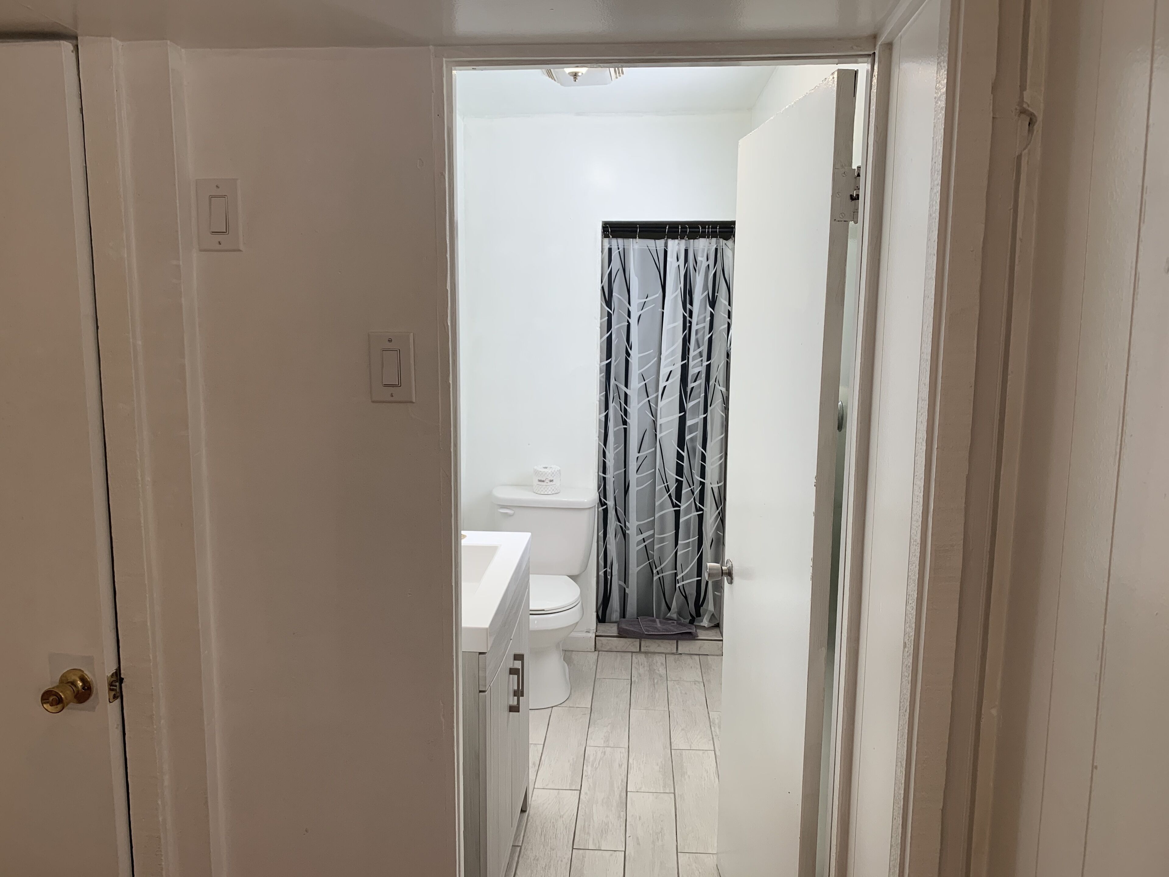 Un pasillo estrecho que conduce a un baño con inodoro, lavamanos y cortina de ducha.