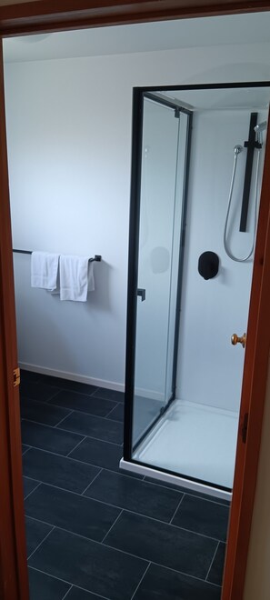 Shower, hair dryer, towels, soap