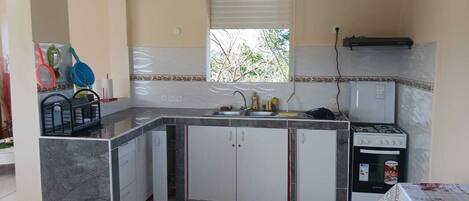 Fridge, microwave, oven, coffee/tea maker