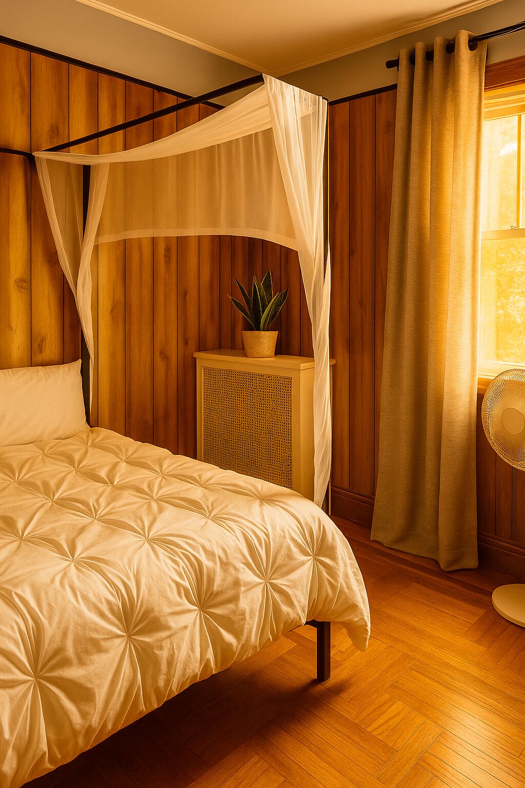 4 slaapkamers, een bureau, een strijkplank/strijkijzer, reisbedje