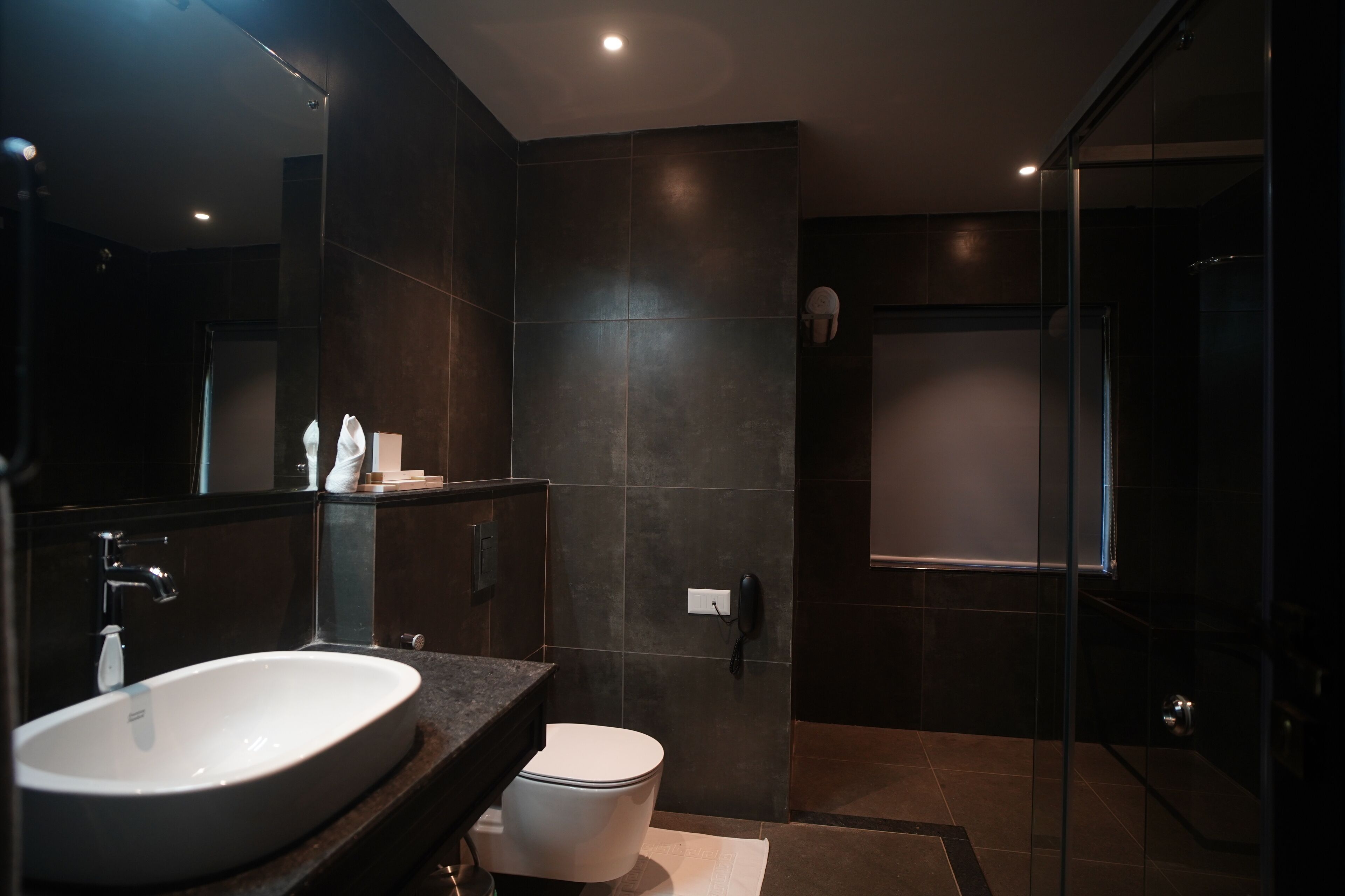 A modern bathroom with a large sink, toilet, and glass shower enclosure.