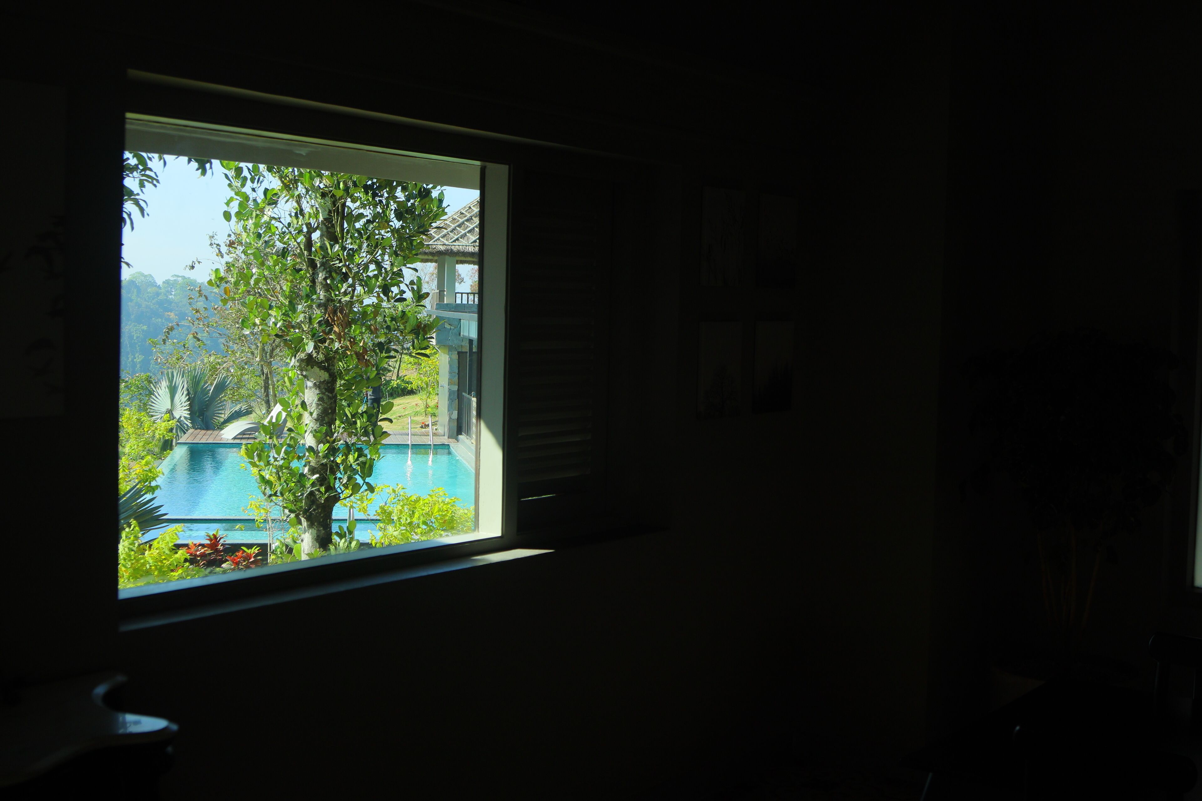 A room with a large window overlooking a swimming pool and lush greenery.