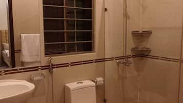 Shower, towels, soap, toilet paper