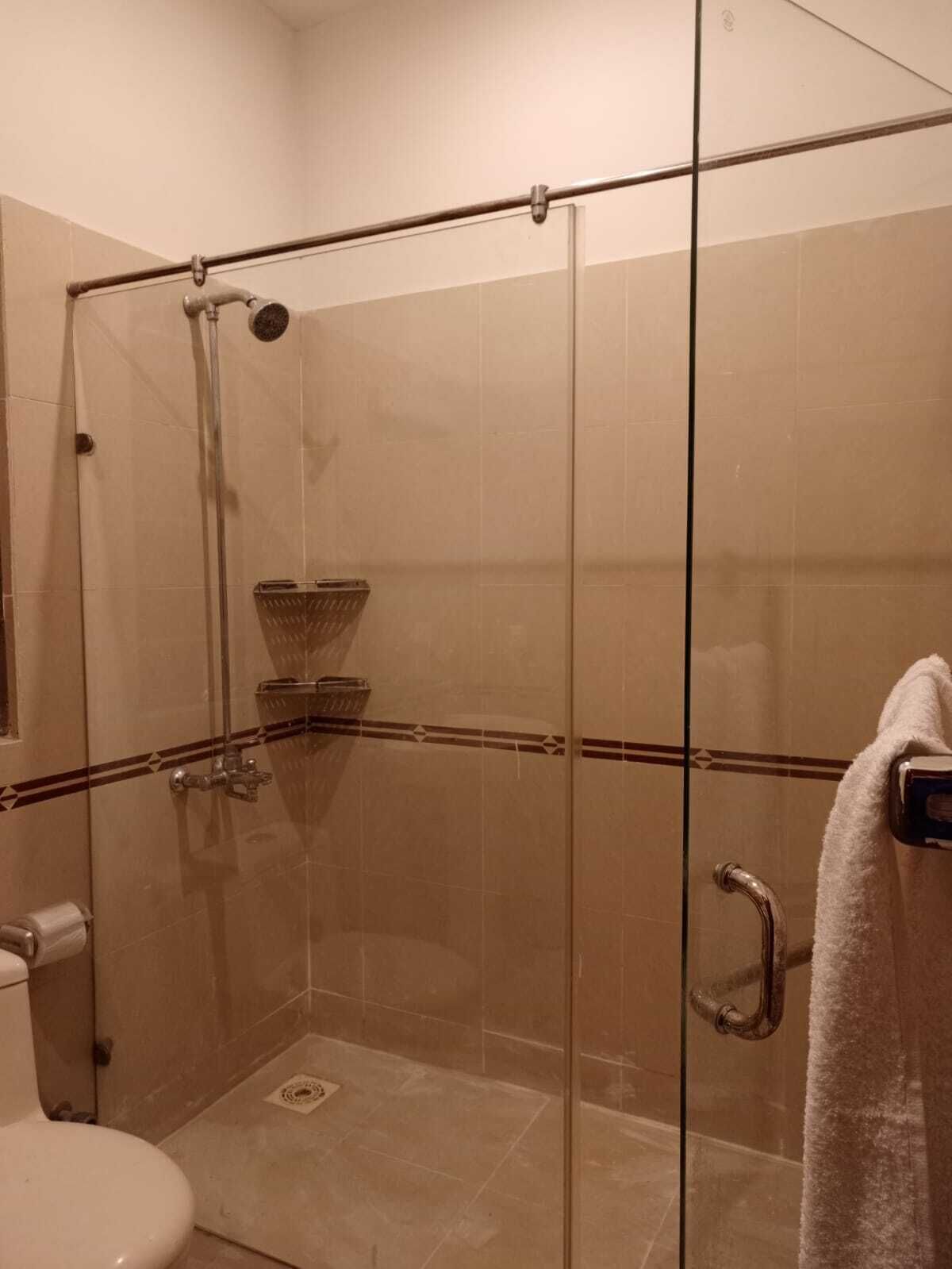 Shower, towels, soap, toilet paper