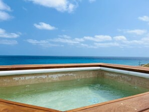 A clear view of a swimming pool with a wooden deck and a view of the ocean.