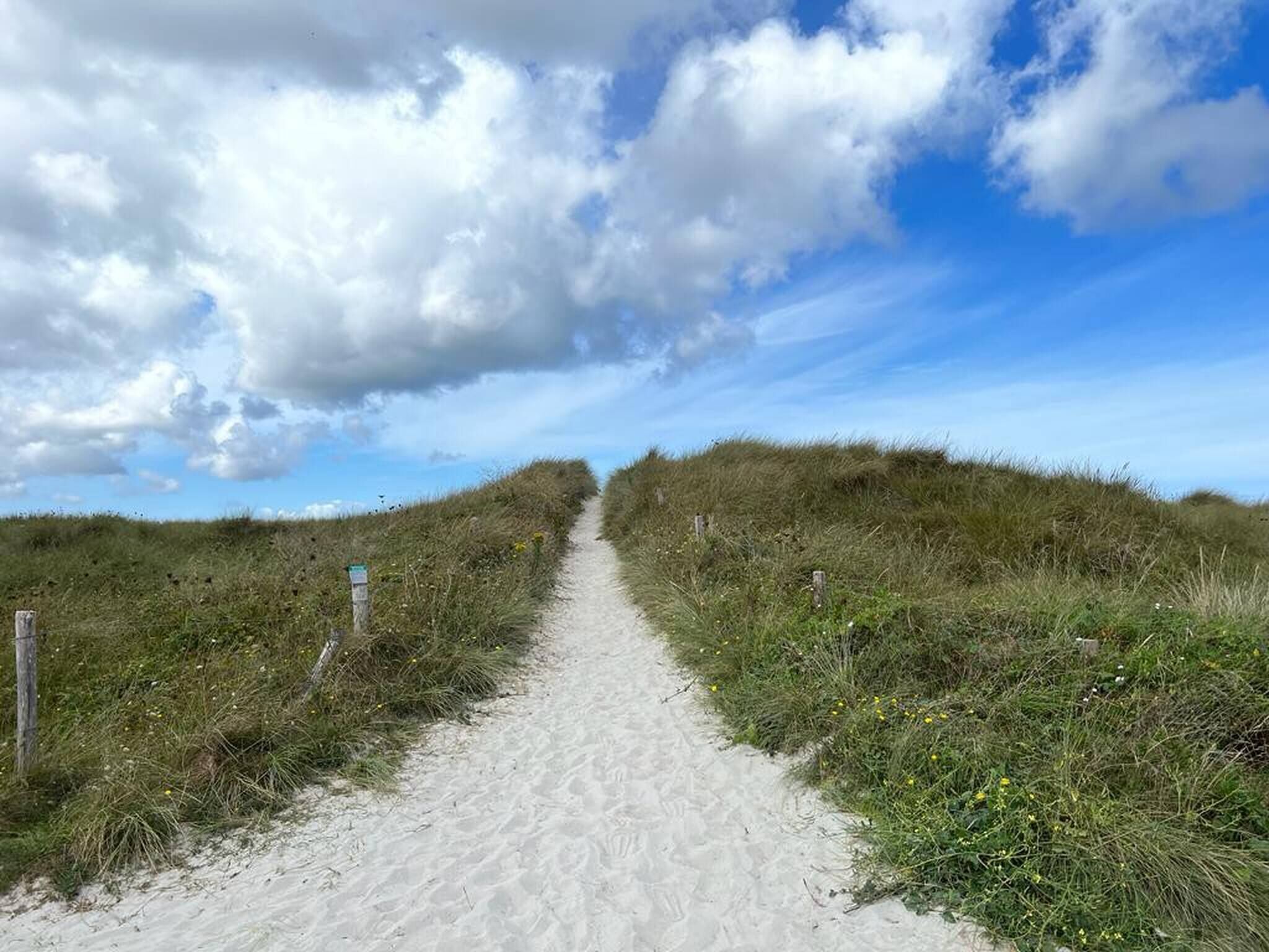 A sandy path flanked by grassy dunes under a partly cloudy sky.