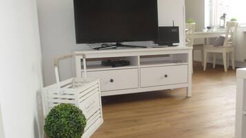 Een smart-tv, een dvd-speler, boeken en een stereo