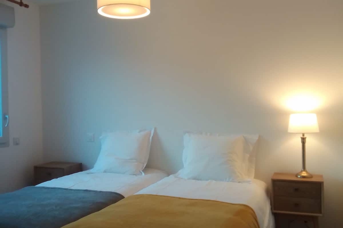 Une chambre avec deux lits, une table de chevet avec une lampe et un luminaire suspendu.