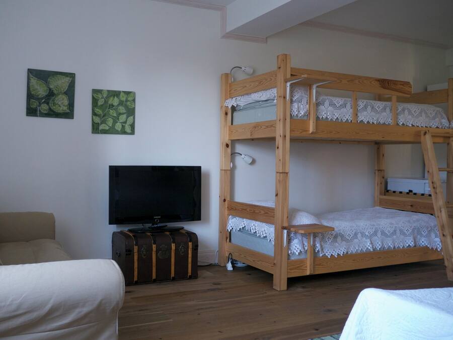 Un lit superposé avec une échelle, une télévision, une valise et un canapé dans une pièce dont le sol est recouvert de parquet.