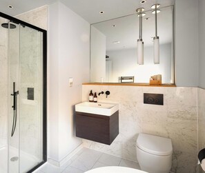 Douche, sèche-cheveux, serviettes fournies, shampoing