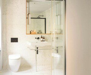 Shower, hair dryer, towels, shampoo