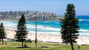 A coastal cityscape with a beach, buildings, and tall trees.