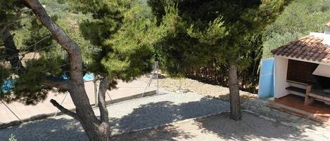 A patio area with a table and chairs, surrounded by trees and a small building with a tiled roof.