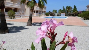 Un hotel con piscina, palmeras y un cielo azul despejado.