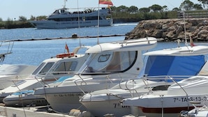 Un puerto deportivo con varias embarcaciones amarradas, un barco más grande con una bandera al fondo y terreno rocoso con árboles.