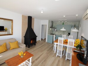 Una televisión, una chimenea