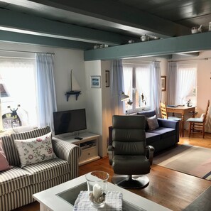 TV, lareira, DVD player, livros