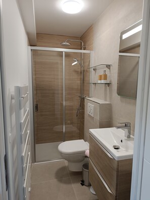 Shower, hair dryer, towels, toilet paper