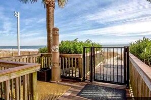 Una terraza de madera con un portón negro, una palmera y vista a la playa.