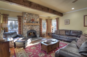 Smart TV, fireplace, books, offices