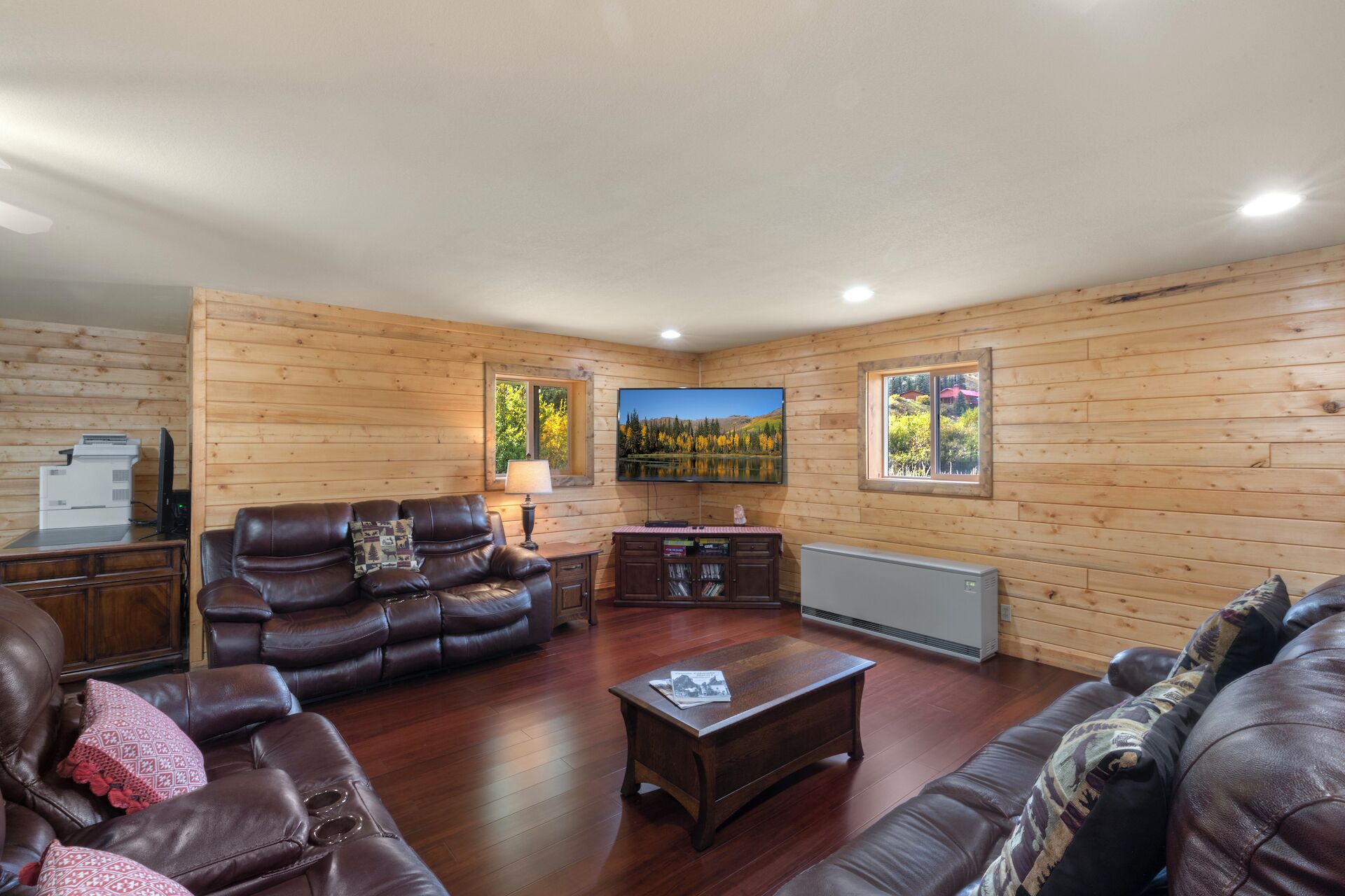 TV connectée, cheminée, livres, espaces bureaux