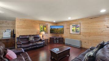 TV connectée, cheminée, livres, espaces bureaux