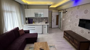 Mini-fridge, microwave, oven, stovetop