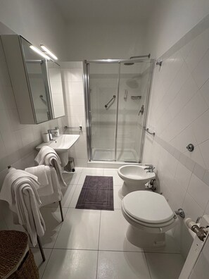 Een douche, een haardroger, een bidet, handdoeken