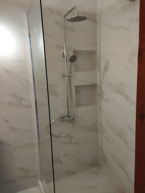 Regadera tipo lluvia, secadora de cabello, toallas 