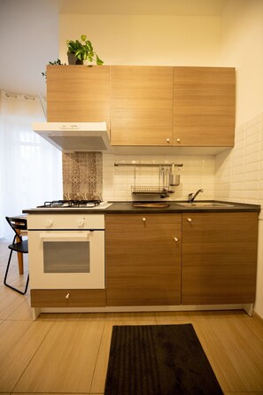 Jääkaappi, uuni, vedenkeitin, keittoastiat/astiat/ruokailuvälineet