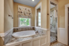 Shower, jetted tub, hair dryer, towels