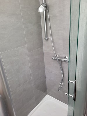 Regadera, secadora de cabello, toallas, papel de baño