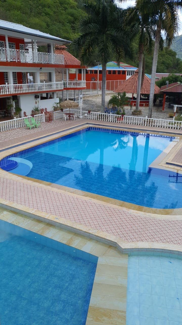 Una piscina con bordo piastrellato, circondata da un recinto bianco e palme.