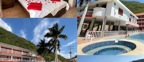 A hotel with a pool, a bedroom with red decorations, a building with a balcony, and a gazebo.
