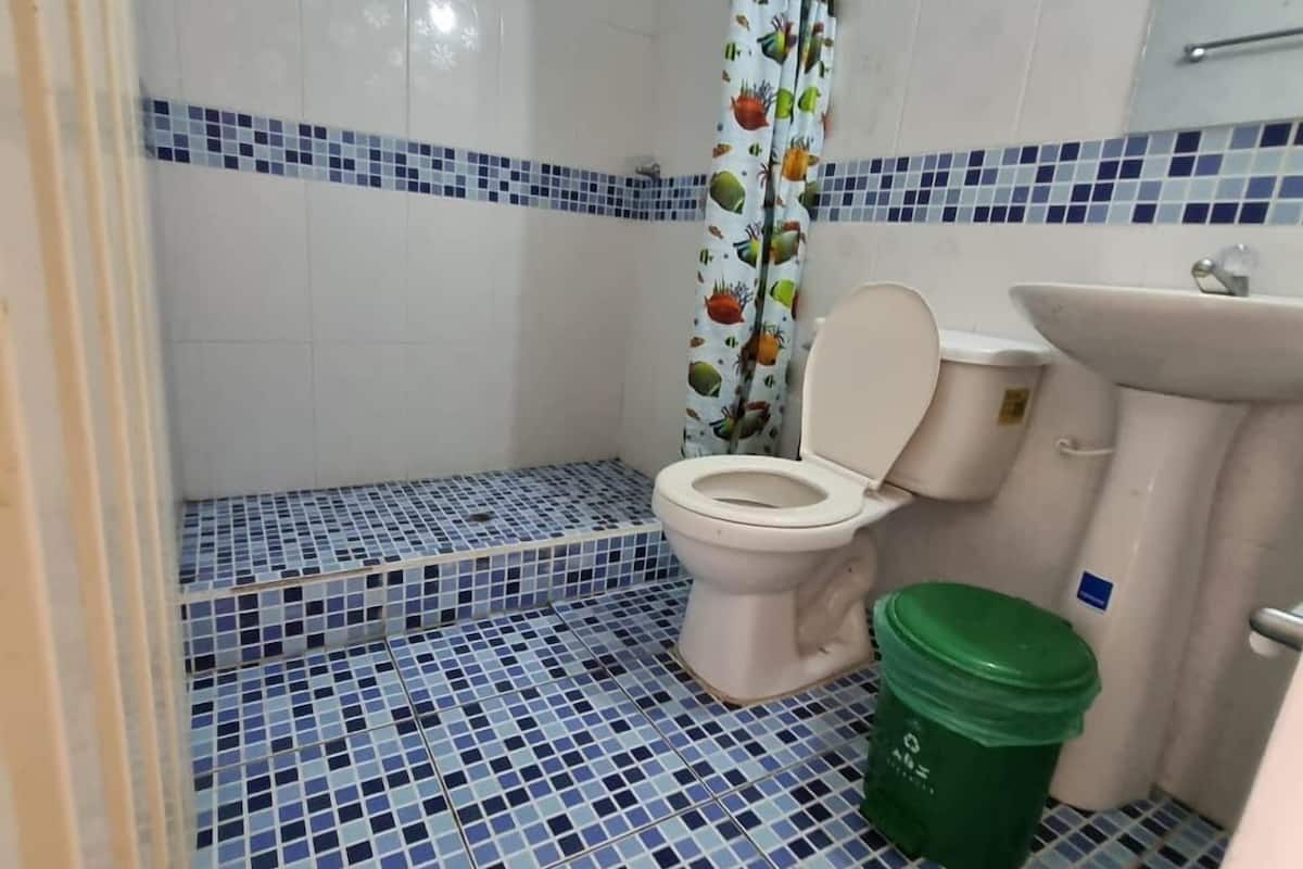 A bathroom with a toilet, sink, and green bucket.