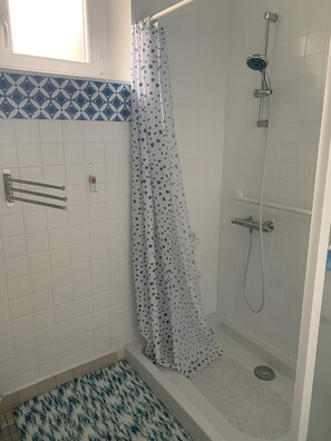 Shower, hair dryer, towels