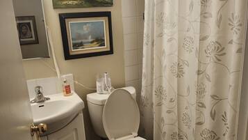 Hair dryer, towels, soap, shampoo