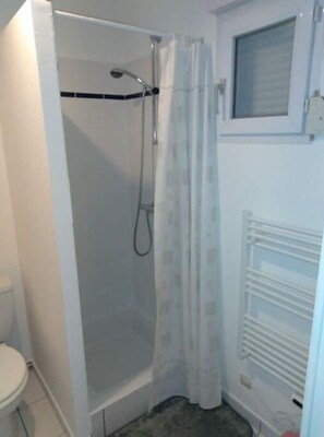 Hair dryer, towels, soap, toilet paper