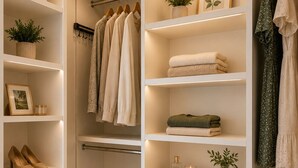 Ein begehbarer Kleiderschrank mit Regalen, Schubladen und Ablageflächen, der Schuhe, gefaltete Kleidung und dekorative Elemente zeigt.