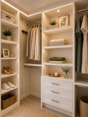 Armadio a muro con mensole, cassetti e spazio per appendere, contenente scarpe, vestiti piegati e oggetti decorativi.